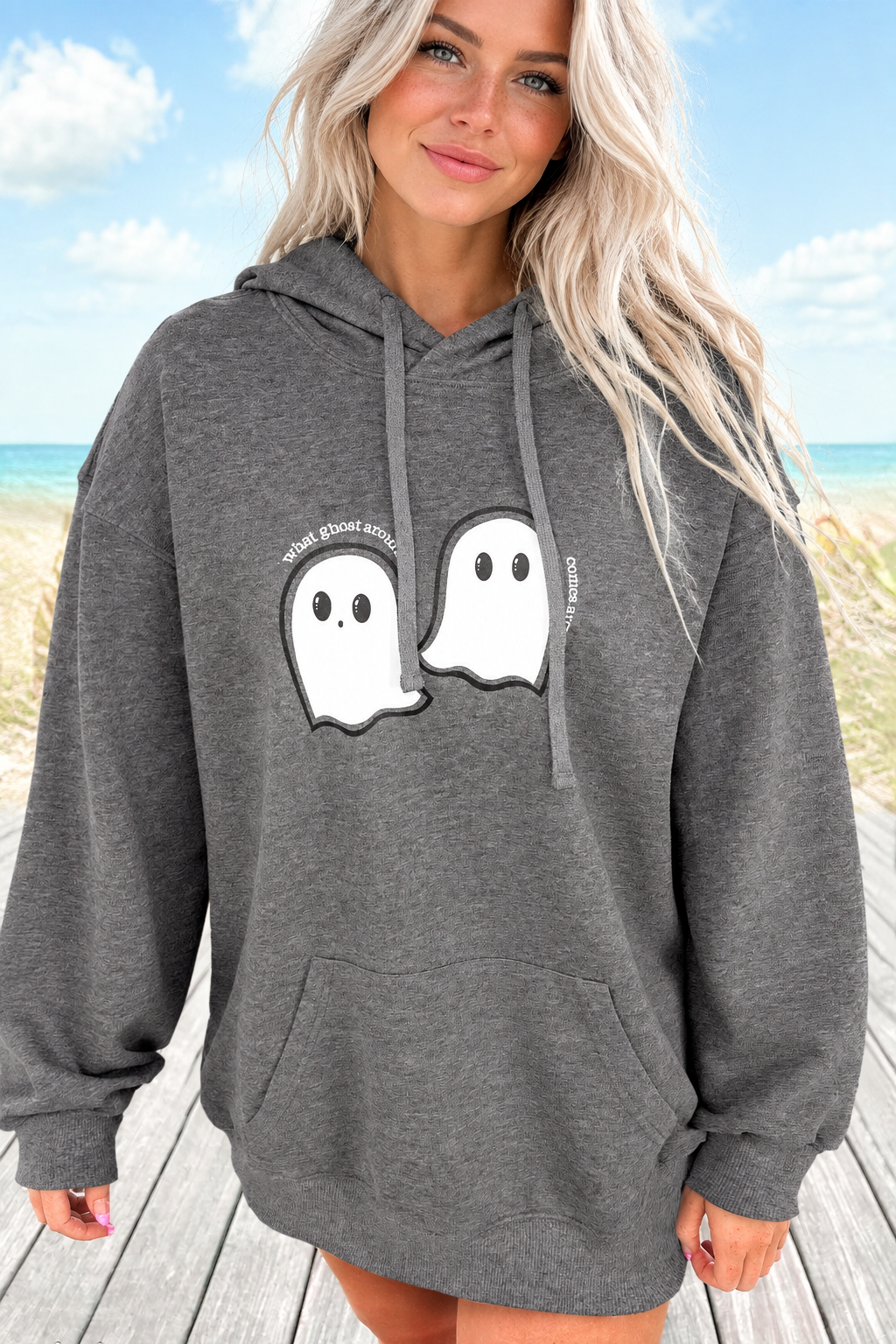 Dark Grey Cute Halloween Ghost Print Mineral Wash Oversize Hoodie