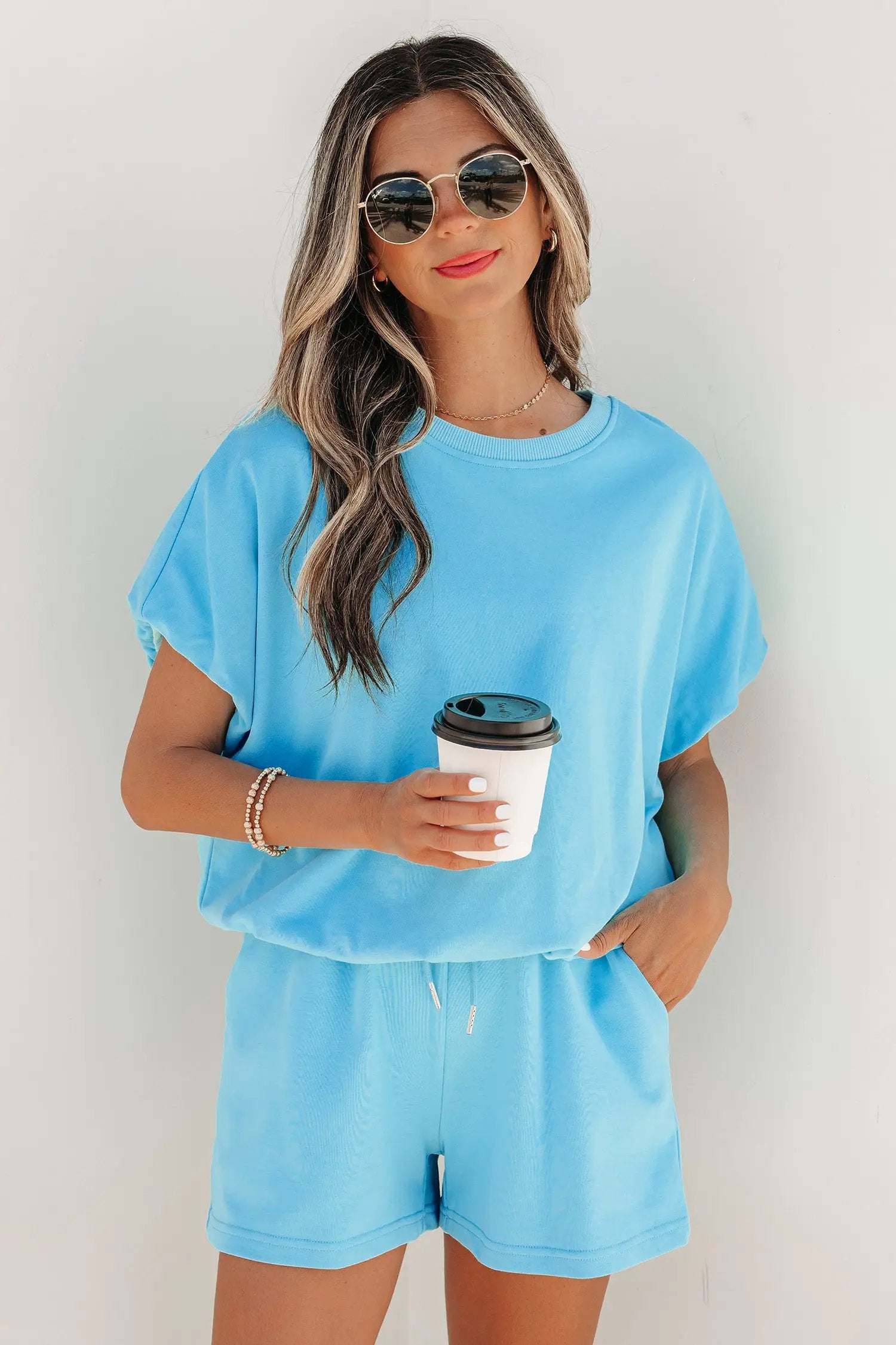 J&H Apparel Green Solid Color Puffy Loose Top Drawstring Shorts 2pcs Outfit - Outfit Sets Two Piece Sets/Short Sets