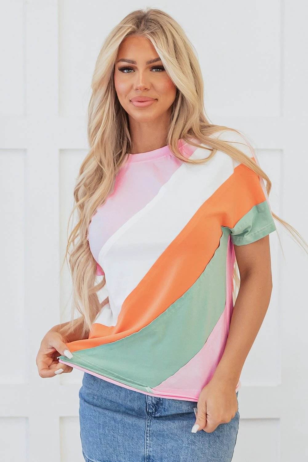 pink Colorblock patchwork seamed crewneck t shirt for women casual everyday outfit