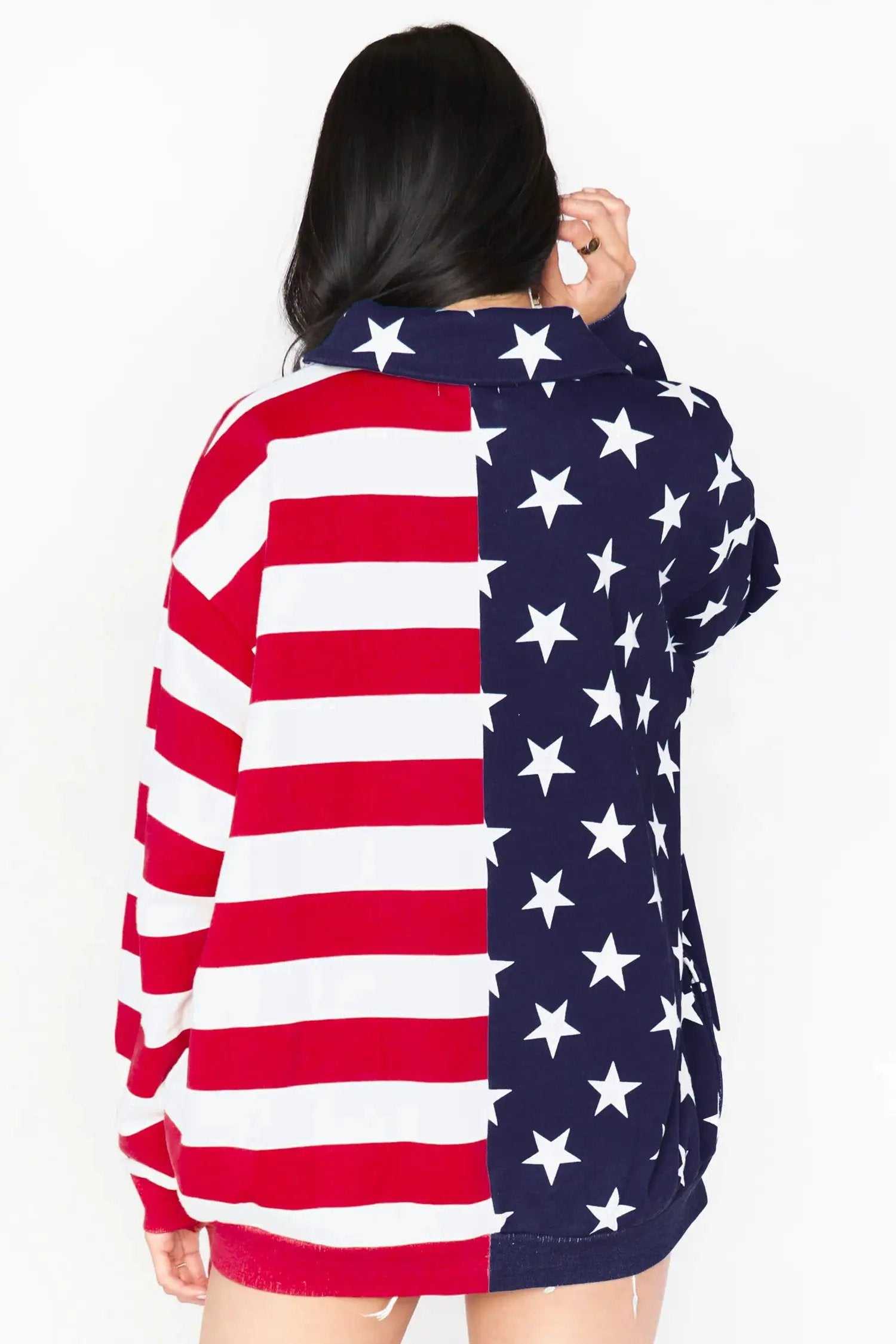 Oversized American Flag Sweatshirt with zipped collar patriotic casual top