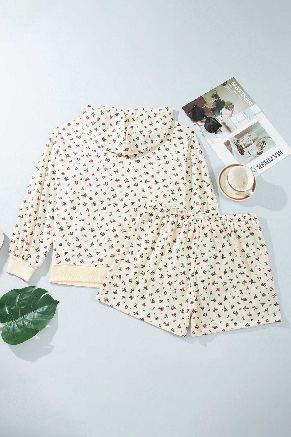 Plus Size Floral Print Hooded Long Sleeve Outfit Set