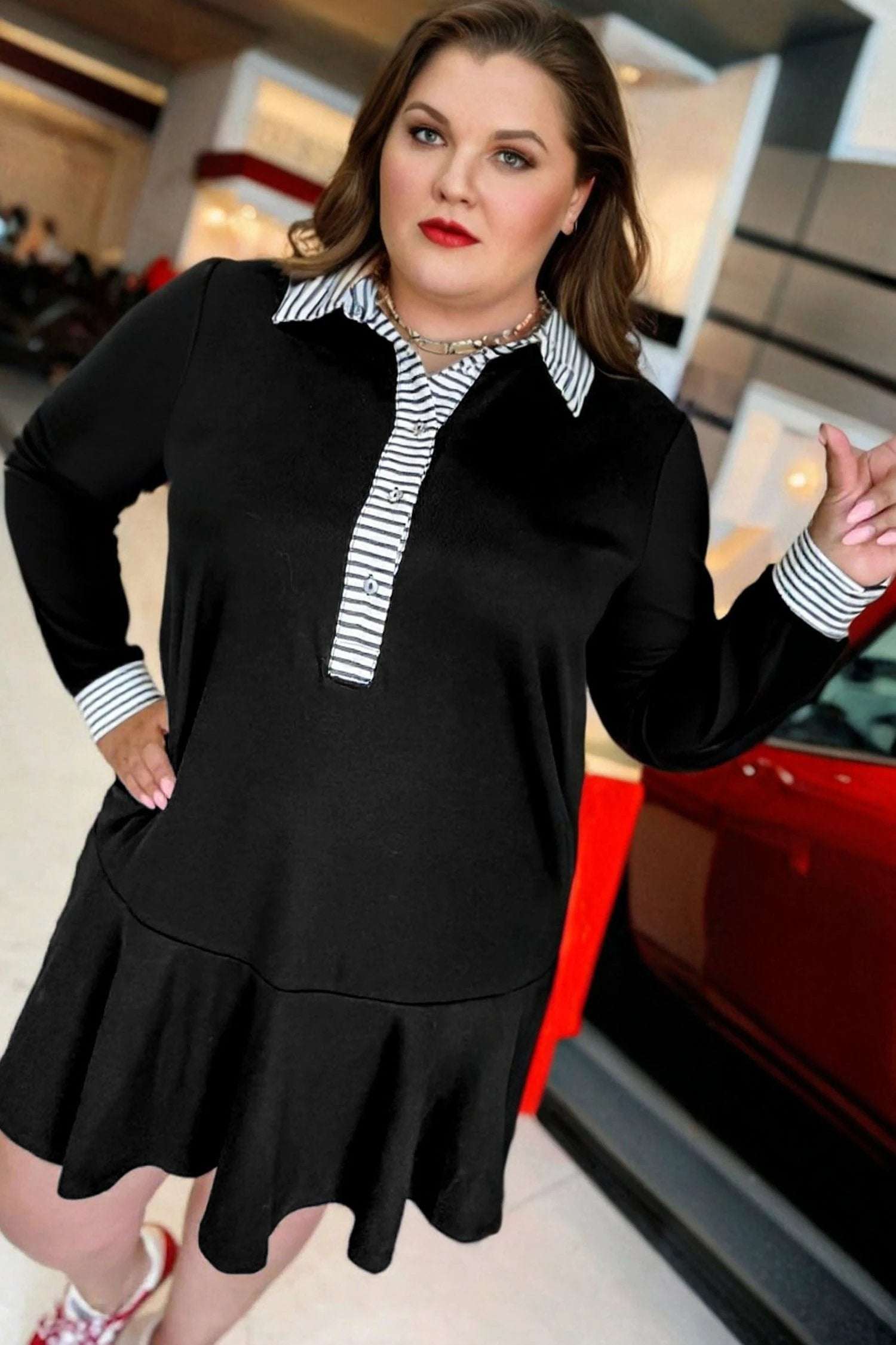 Dear-Lover Dropshipping Black Plus Size Striped Cuffs Polo Collar Patchwork Long Sleeve Ruffle Hem Dress - Plus Size/Plus Size Dresses/Plus Size Mini Dresses