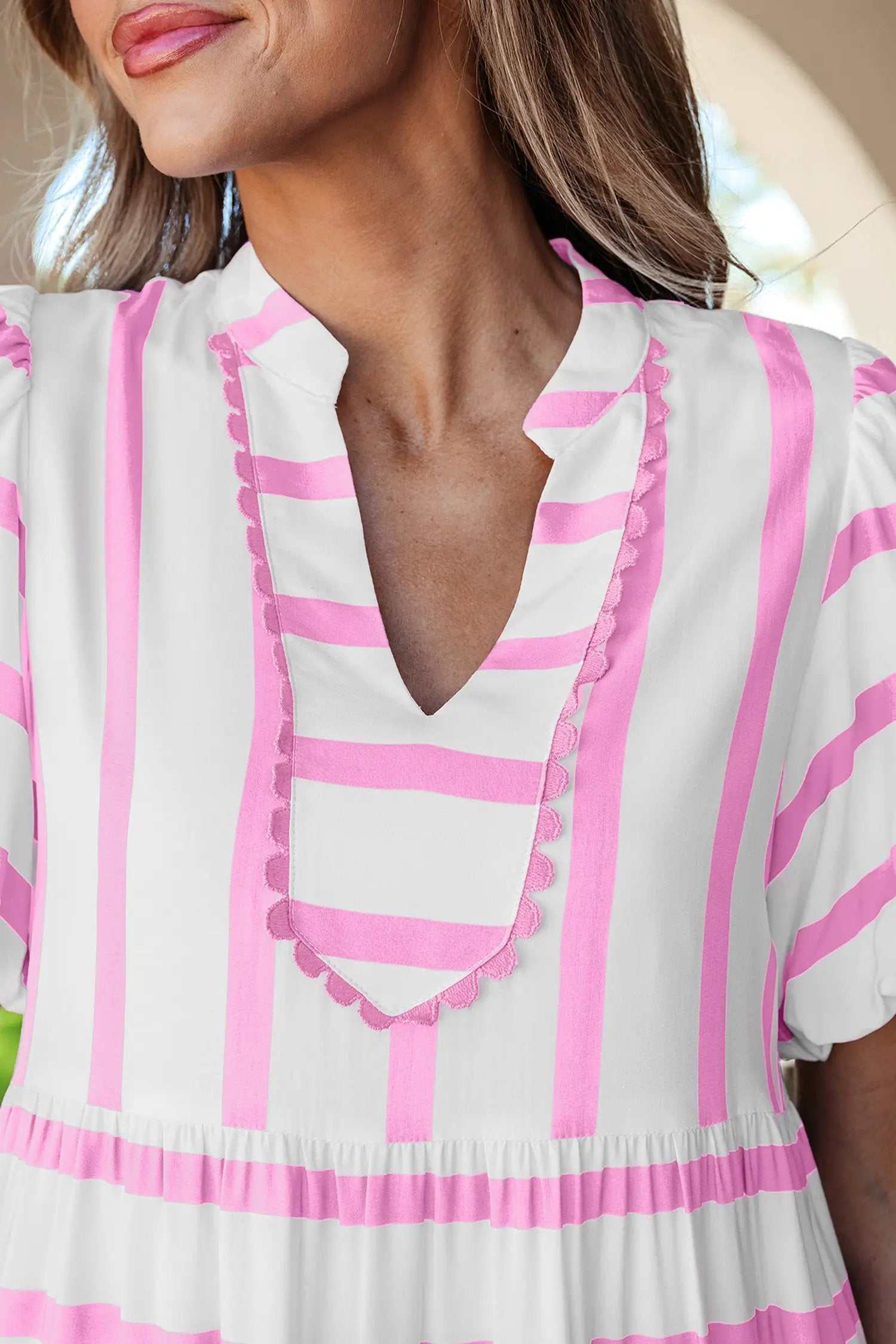 Stripe Ricrac Trim Maxi Dress with notched neck and half sleeves