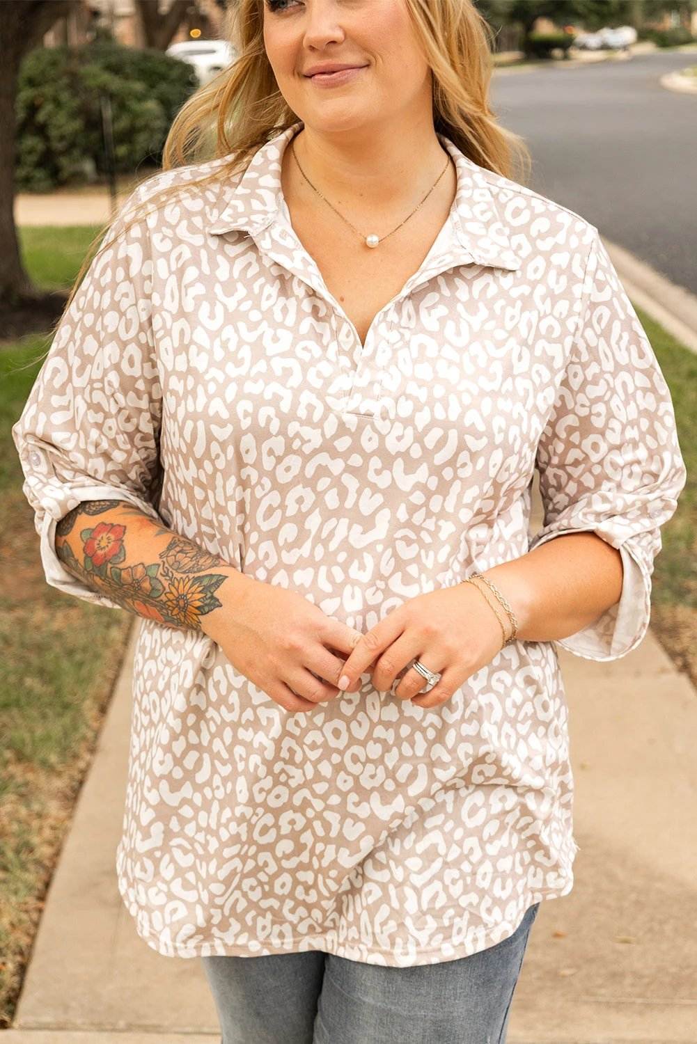 Dear-Lover Dropshipping Apricot Leopard Tab Sleeve V Neck Plus Size Top - Plus Size/Plus Size Tops/Plus Size Blouses & Shirts