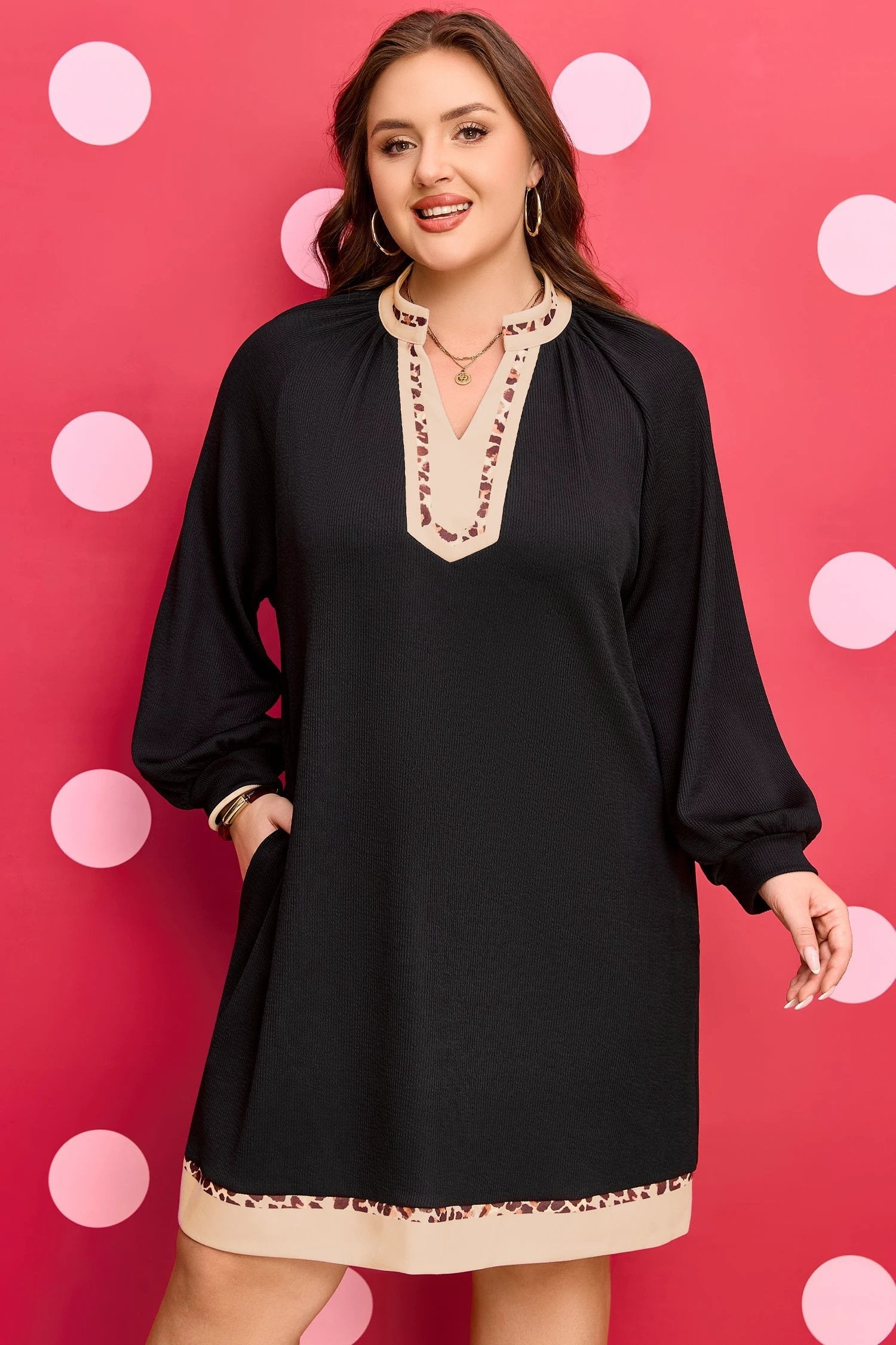 Plus size black contrast color block ribbed dress with leopard trim