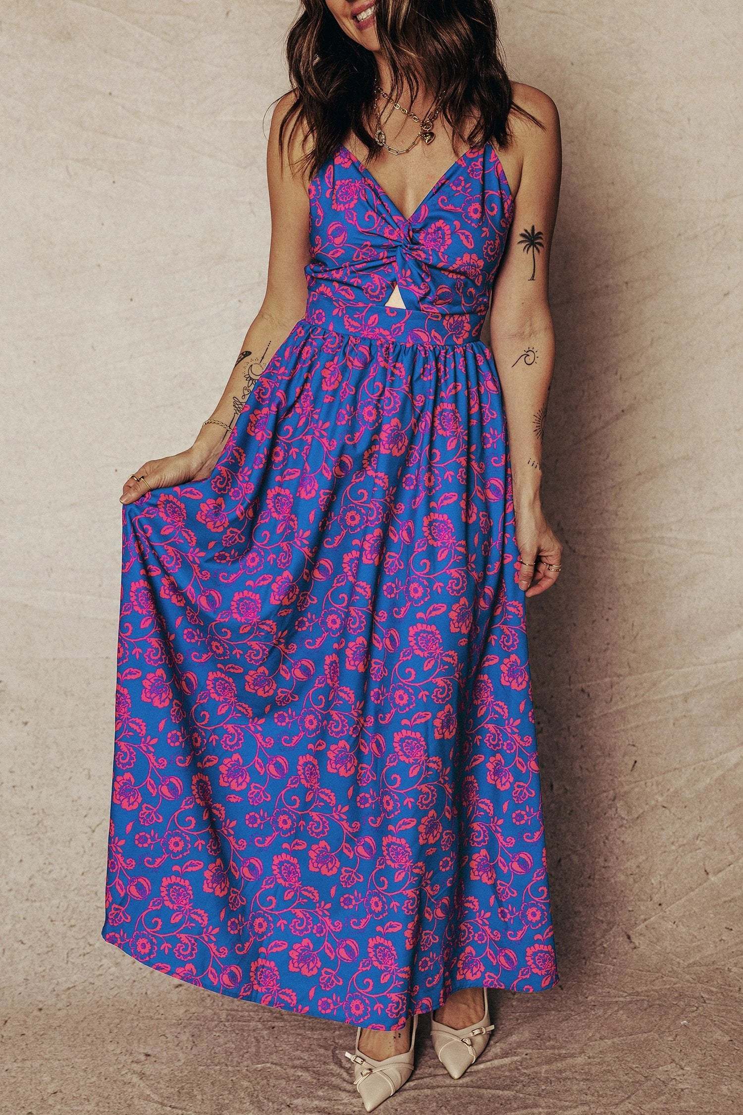 blue floral print twisted v neck tied backless maxi dress for women casual everyday outfit