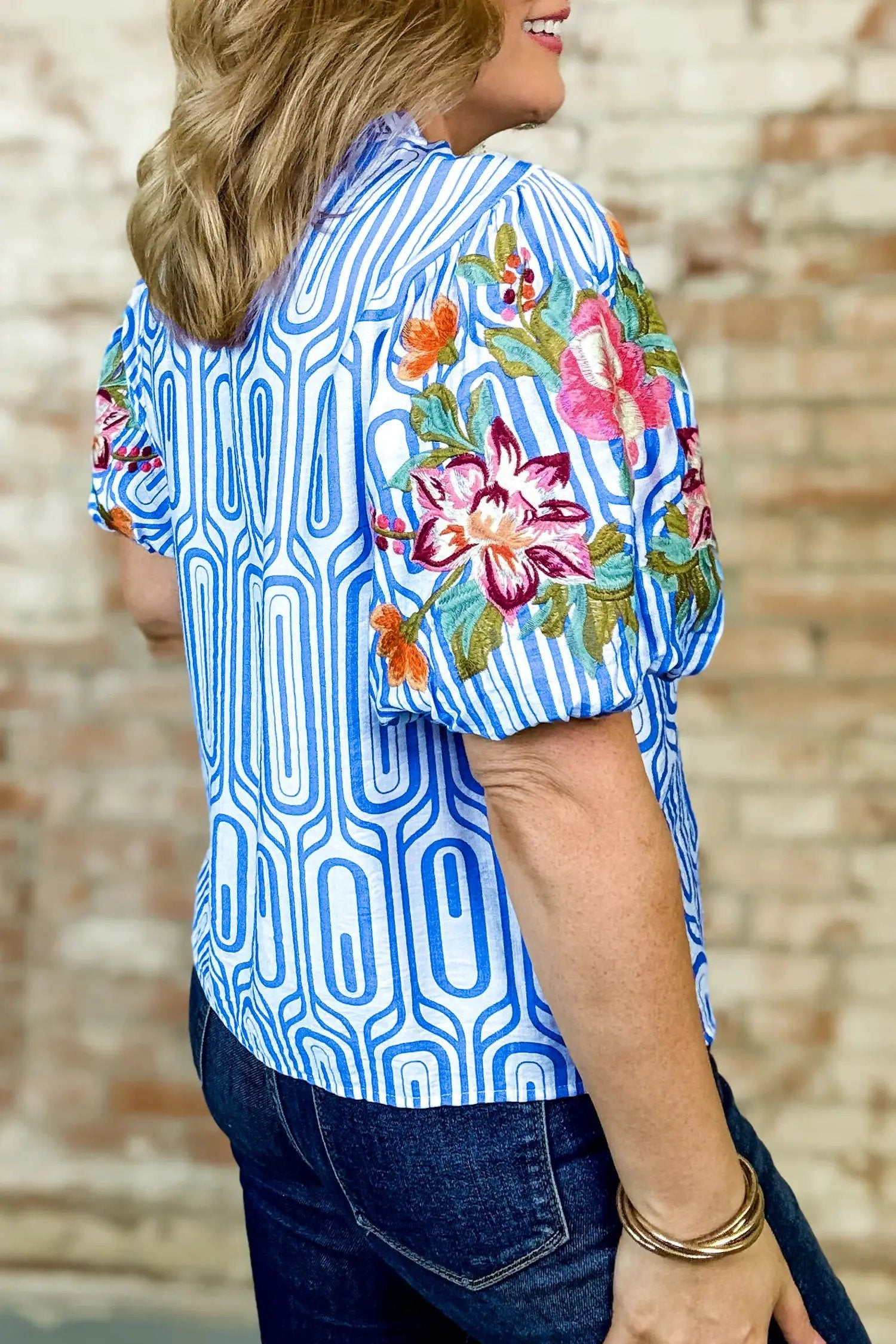 sky blue unique geometry print floral embroidered puff sleeve blouse for women casual everyday outfit