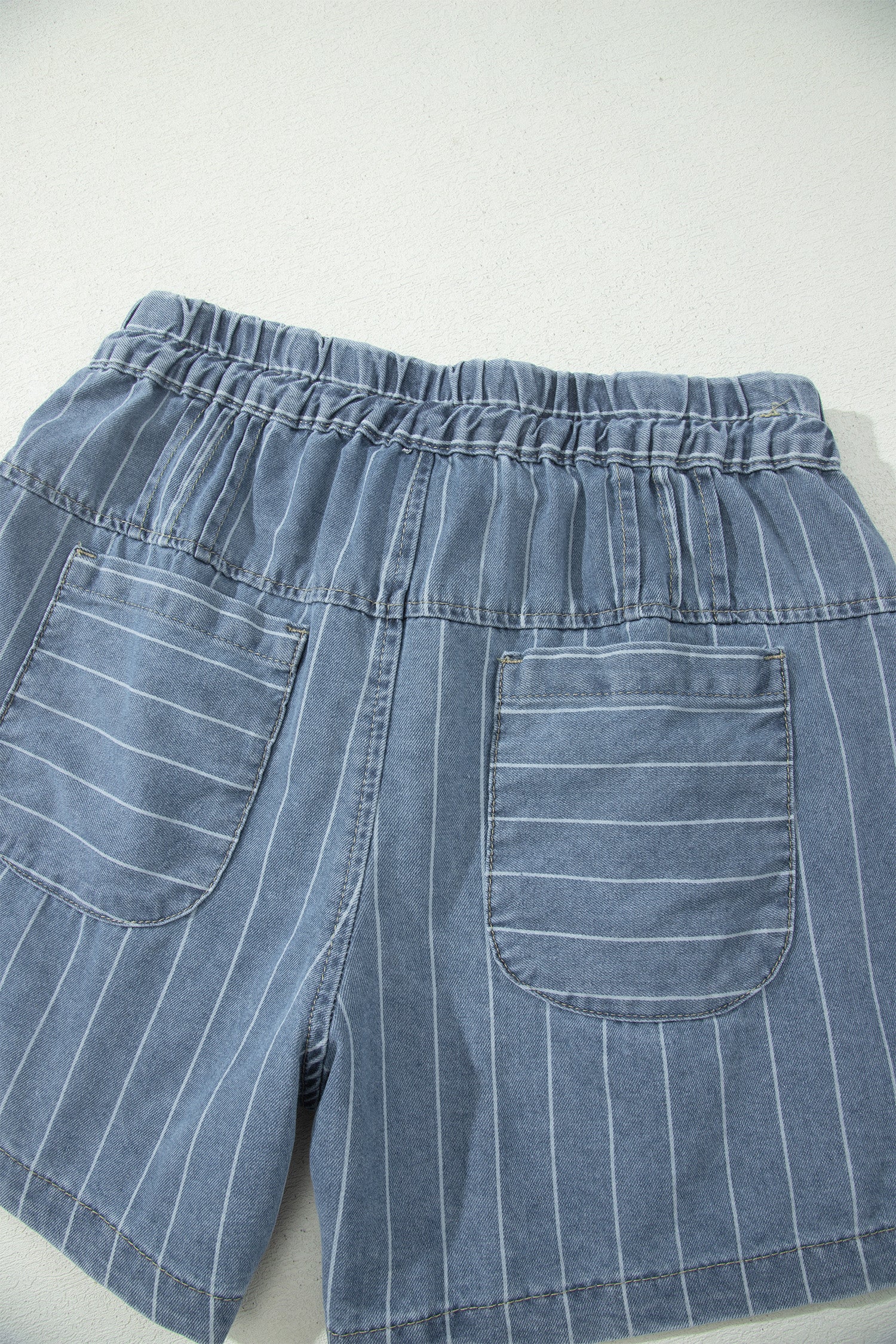 Stripe Drawstring Button Pleated High-Waisted Denim Shorts — women's everyday bottoms | J&H Apparel