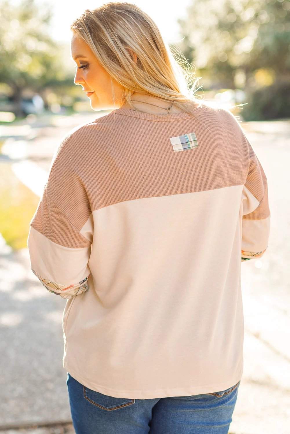 Plus size Everyday Diva plaid color-block layered Henley top with patchwork sleeves
