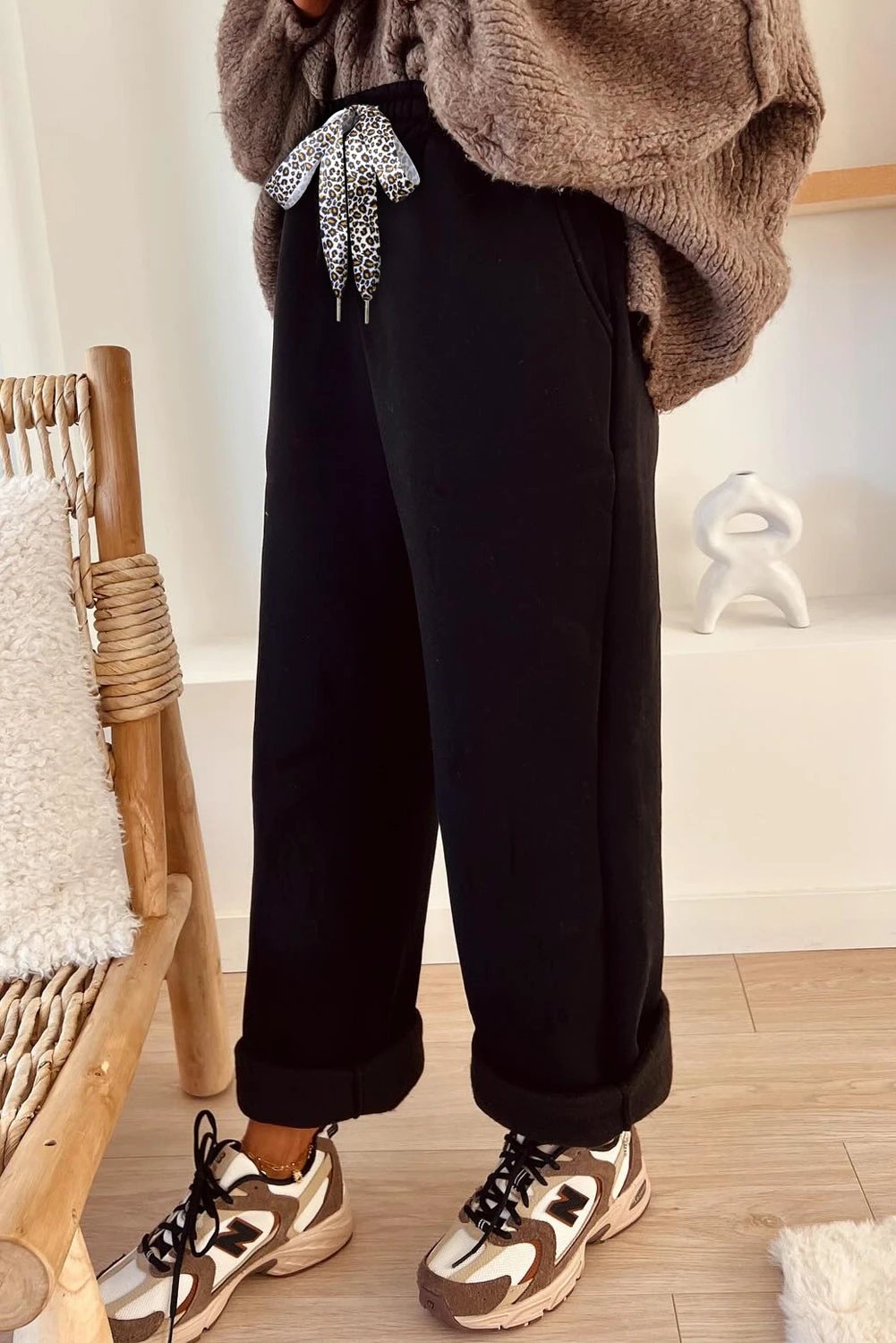 coffee fleece lined leopard drawstring elastic waist solid pants for women casual everyday outfit