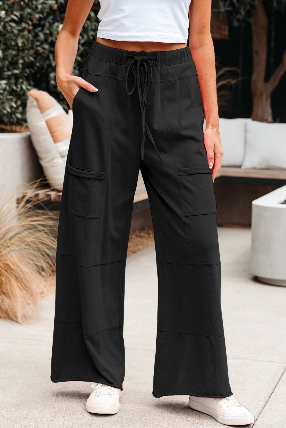 black mineral wash exposed seam drawstring elastic waistband wide leg cargo pants for women casual everyday outfit