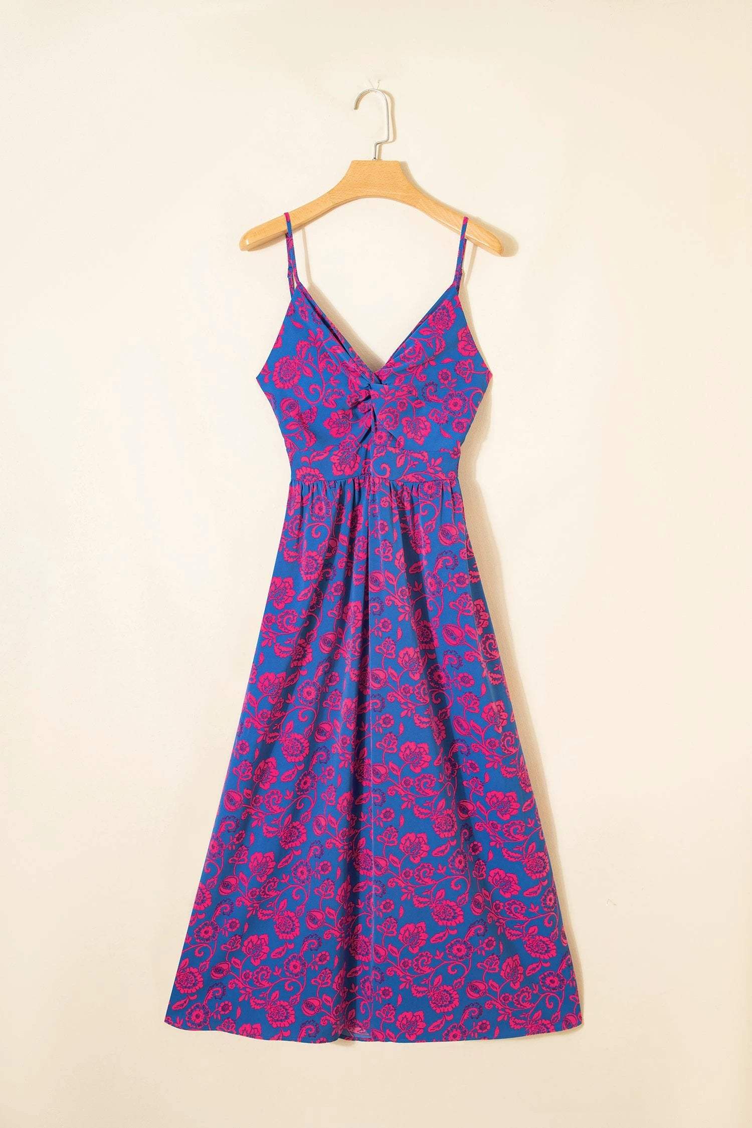 blue floral print twisted v neck tied backless maxi dress for women casual everyday outfit