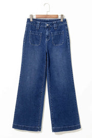 Blue high waist wide leg jeans with front pockets and relaxed fit