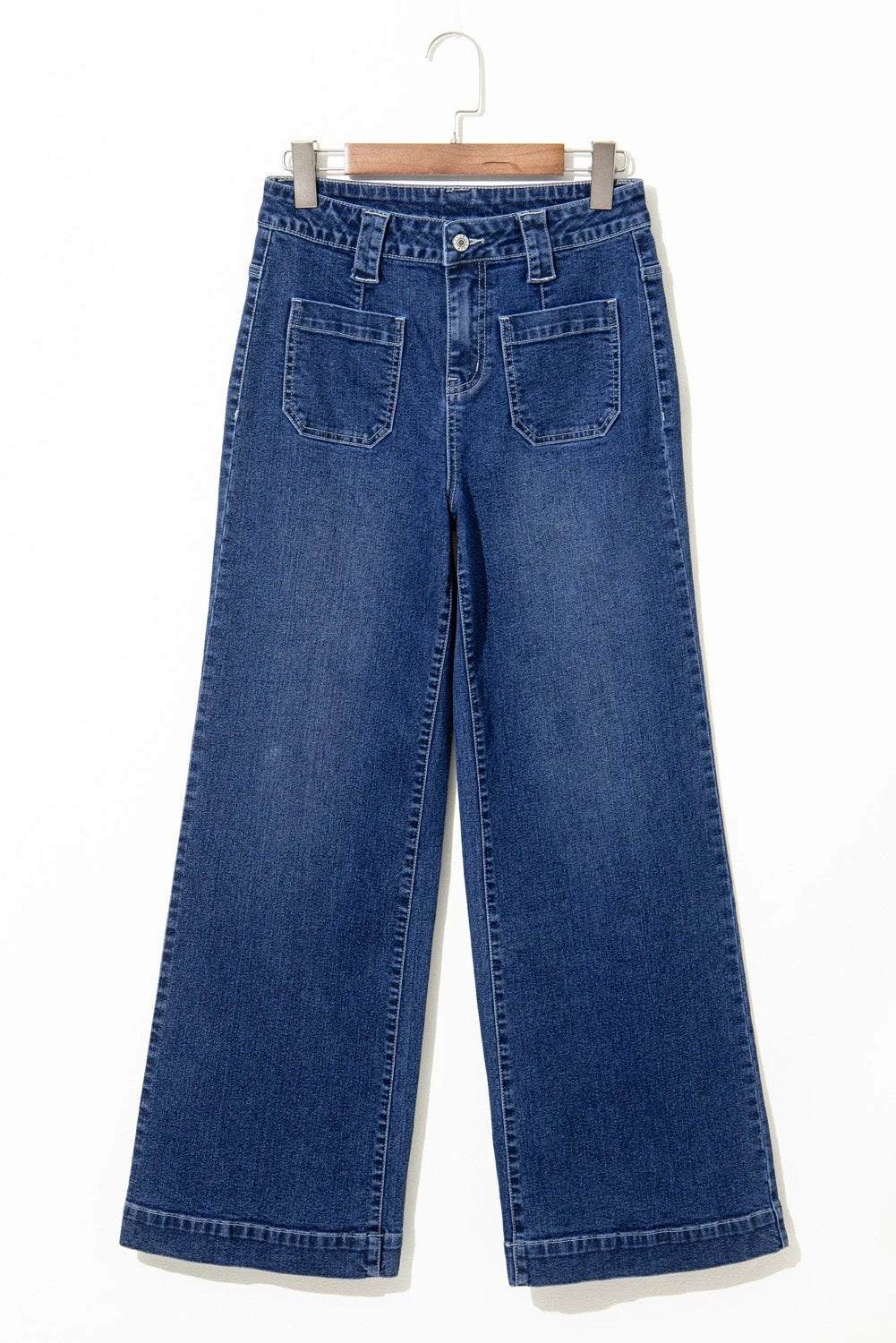 Blue high waist wide leg jeans with front pockets and relaxed fit