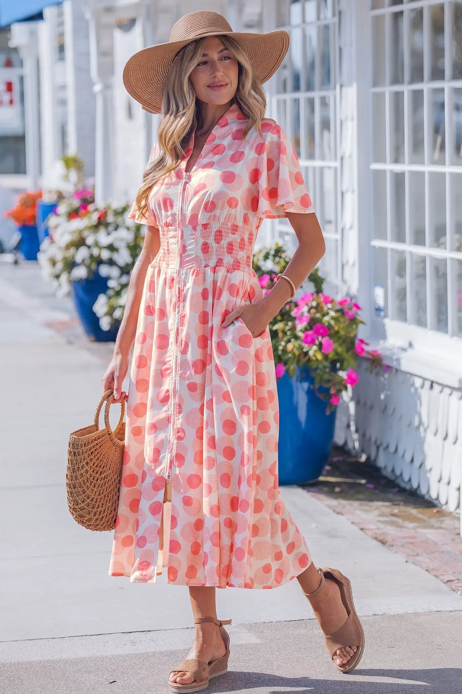 pink polka dot maxi dress