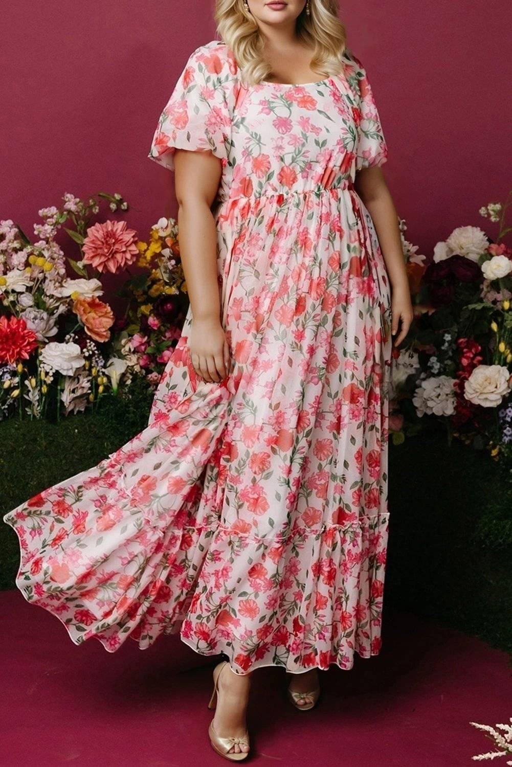 Plus size floral maxi dress with square neckline and puff sleeves from Garden Party Glow collection