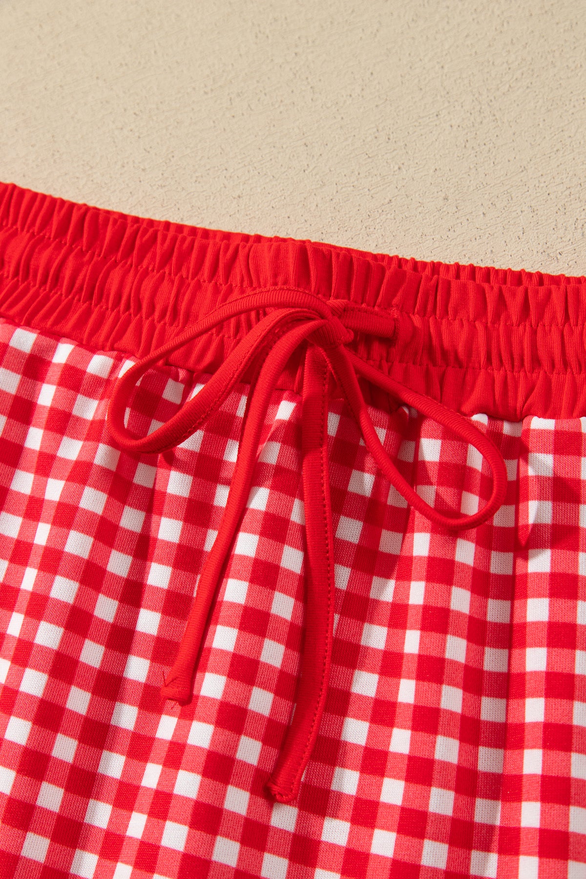 Red Gingham Oversized Ribbed Trim Crew Neck Long Sleeve Top and Skort Set