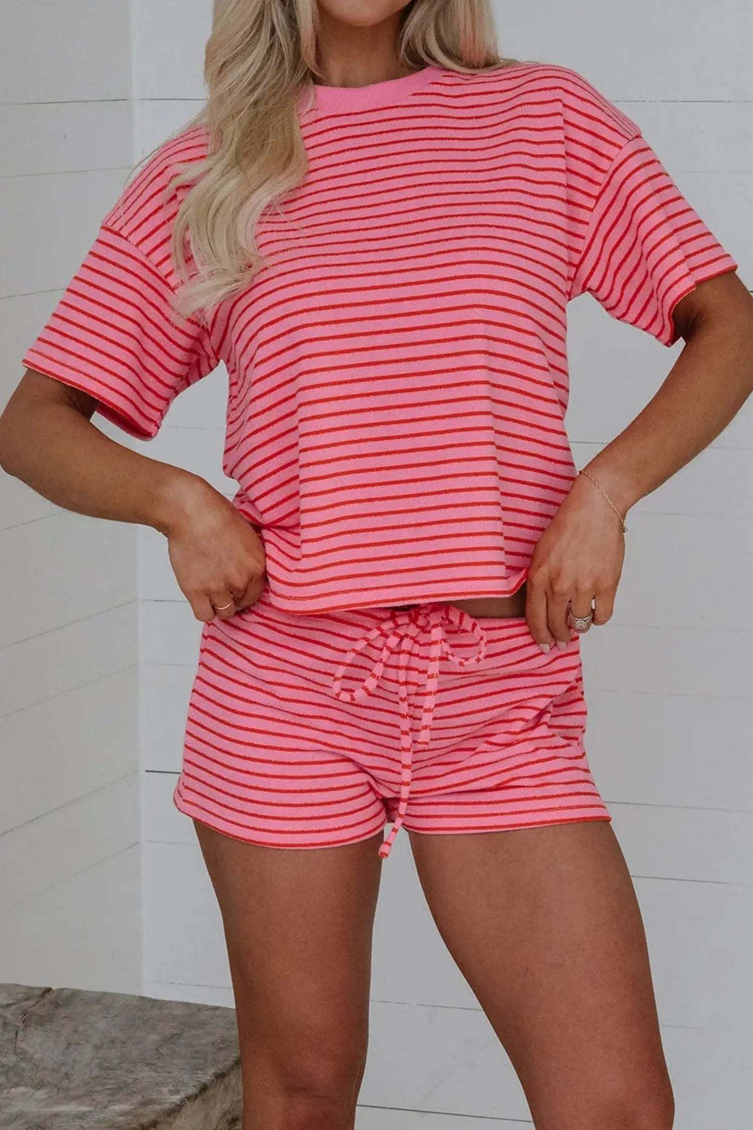 Stripe Knit Matching Set with tee, drawstring shorts, and side split detail