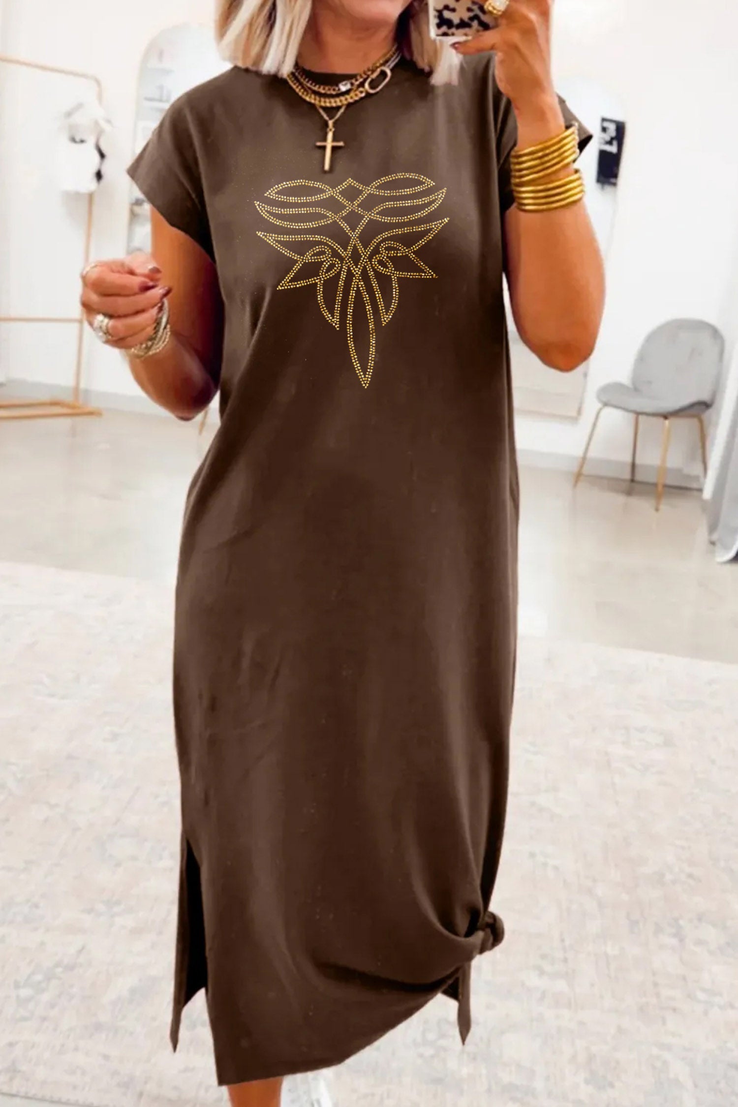 Red Sandalwood Rhinestone Western Graphic Side Slit Midi T-Shirt Dress