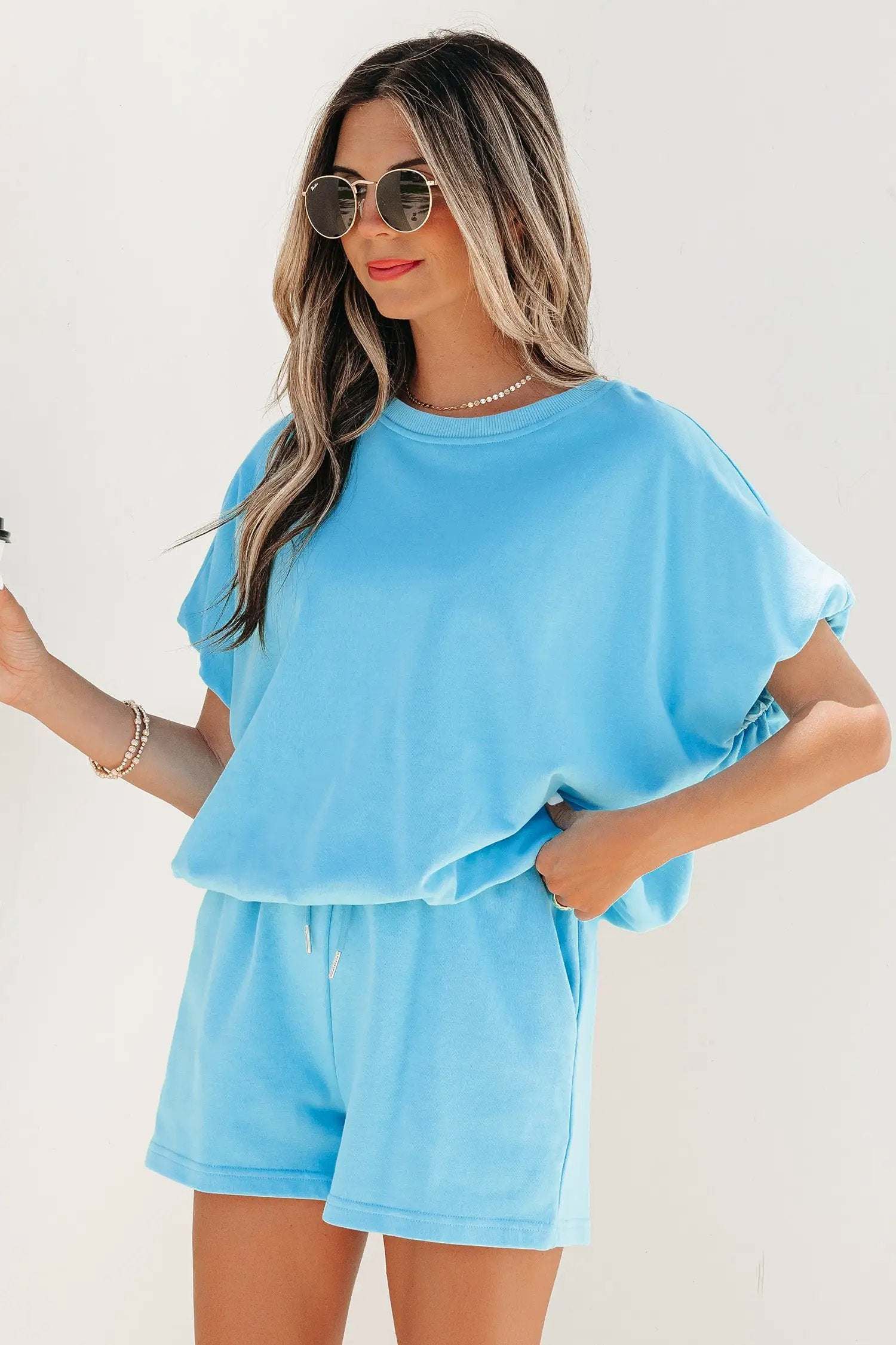J&H Apparel Green Solid Color Puffy Loose Top Drawstring Shorts 2pcs Outfit - Outfit Sets Two Piece Sets/Short Sets