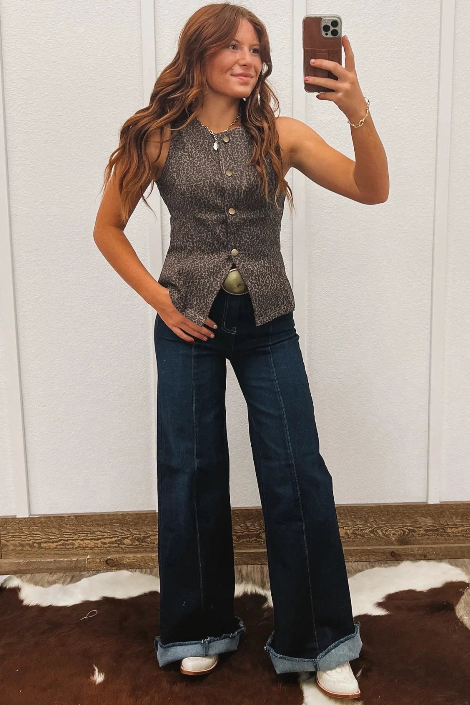 brown leopard print slim denim vest for women casual everyday outfit