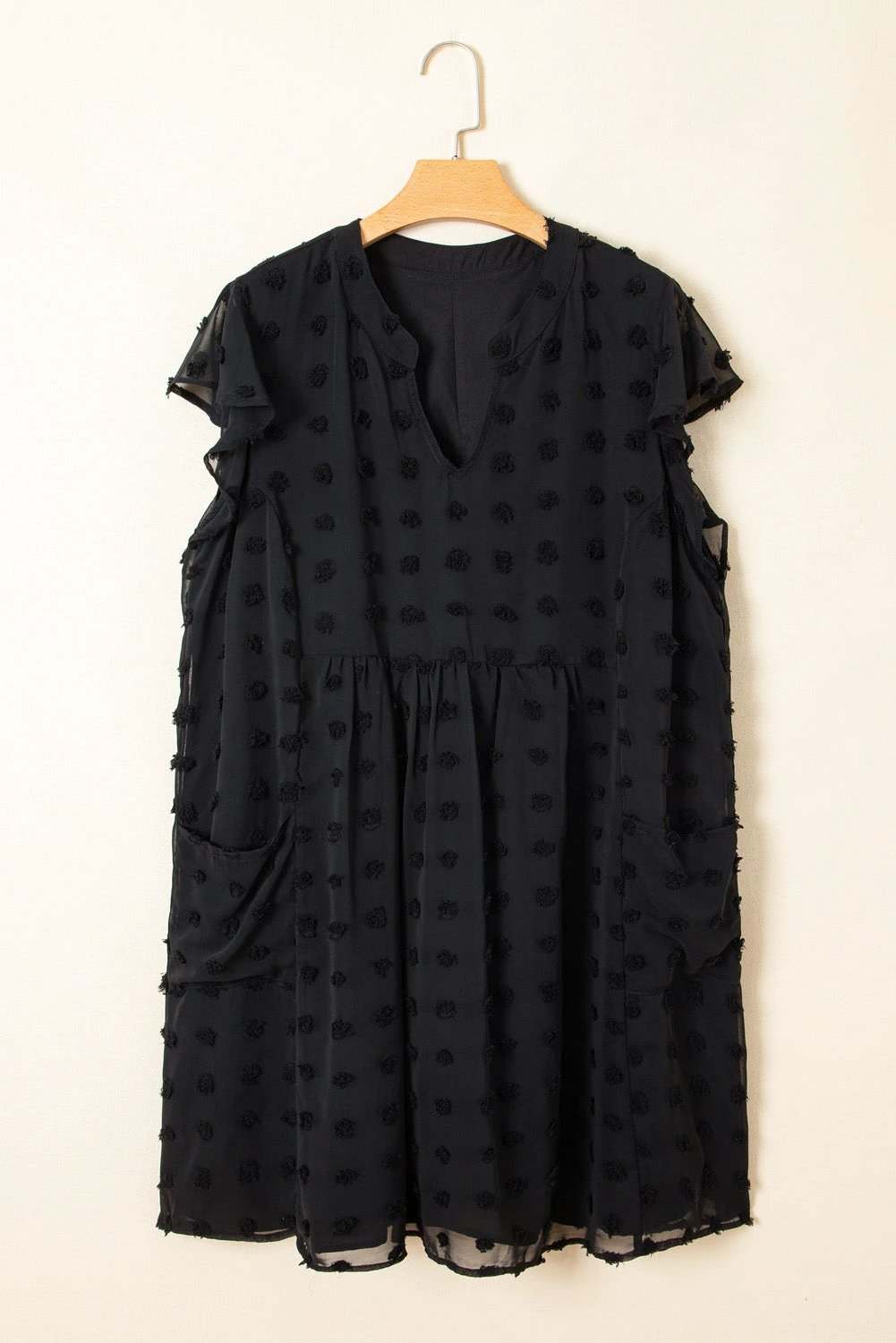 black dotty textured notched neck plus ruffled dress for women casual everyday outfit