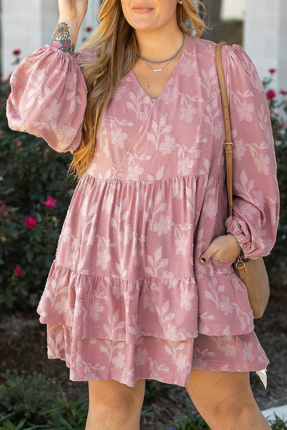 Plus size floral surplice V neck tiered ruffled mini dress for weekend wear