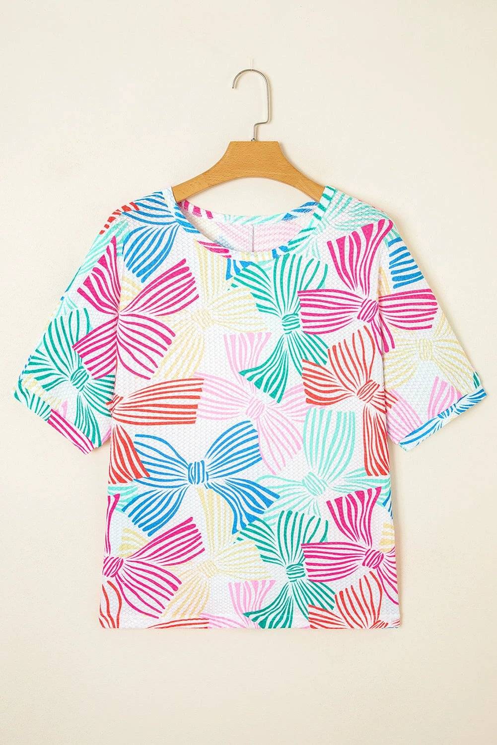 multicolour bowknot printed waffle crewneck loose short sleeve top for women casual everyday outfit