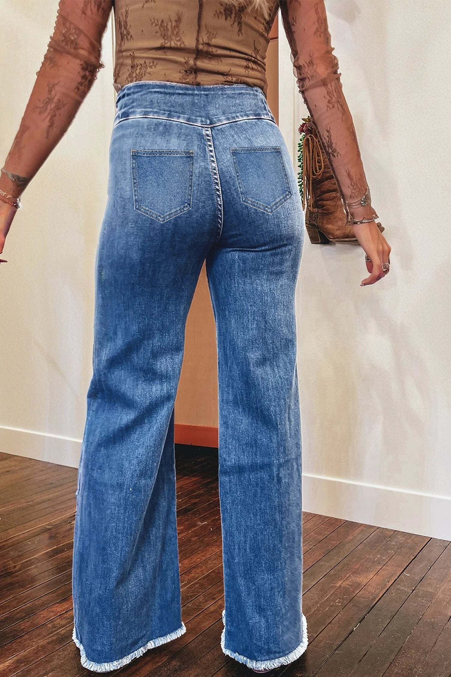 sail blue high waist button fly seamed raw hem flare jeans for women casual everyday outfit