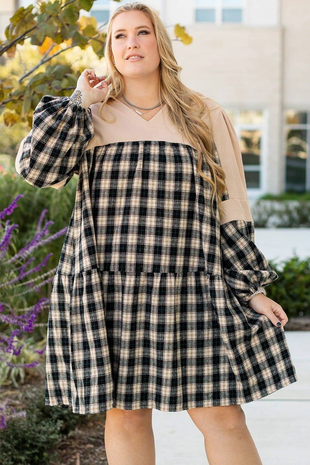Plus size plaid waffle knit patchwork collared V neck mini dress showcasing main character energy