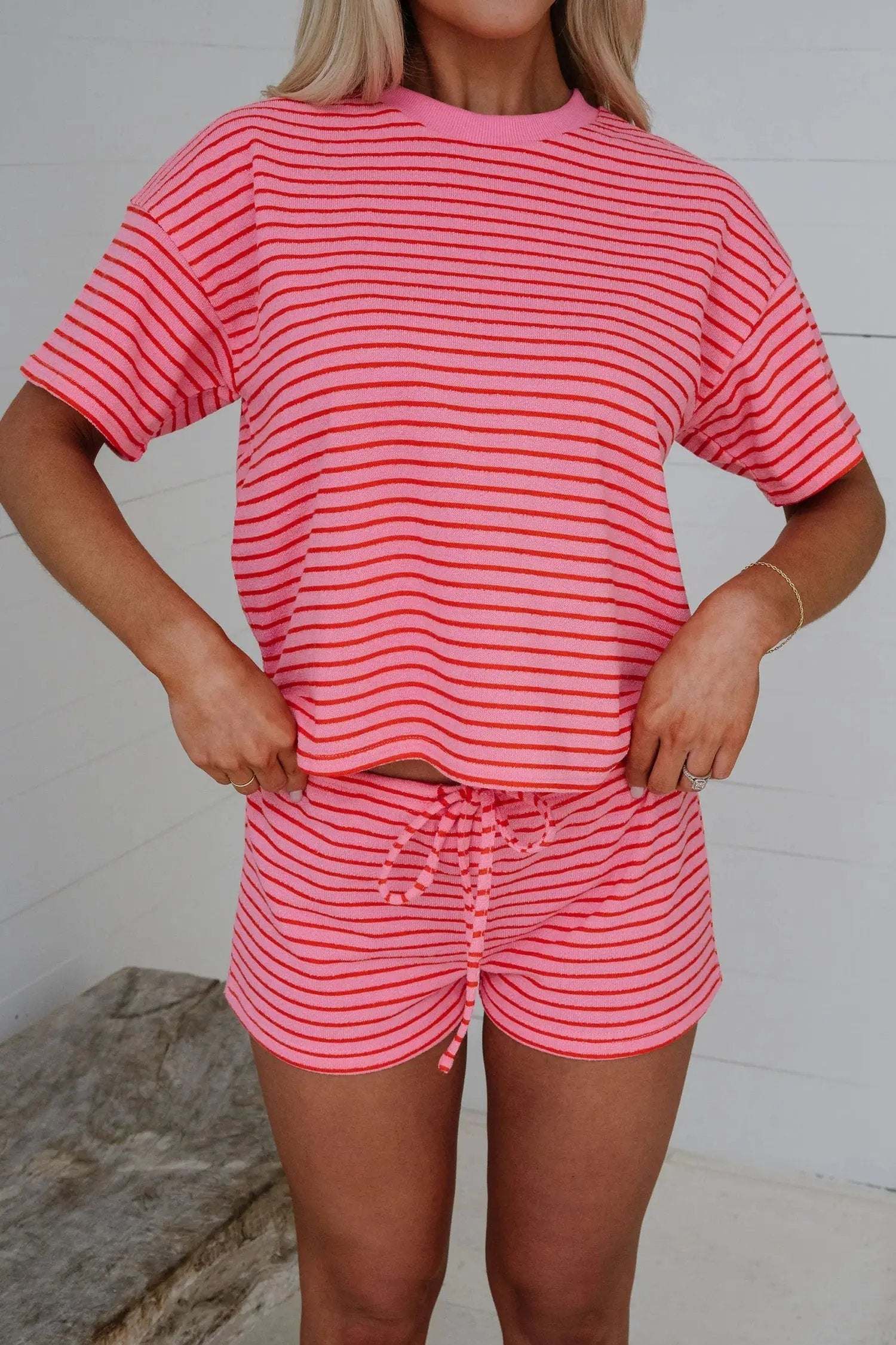 Stripe Knit Matching Set with tee, drawstring shorts, and side split detail