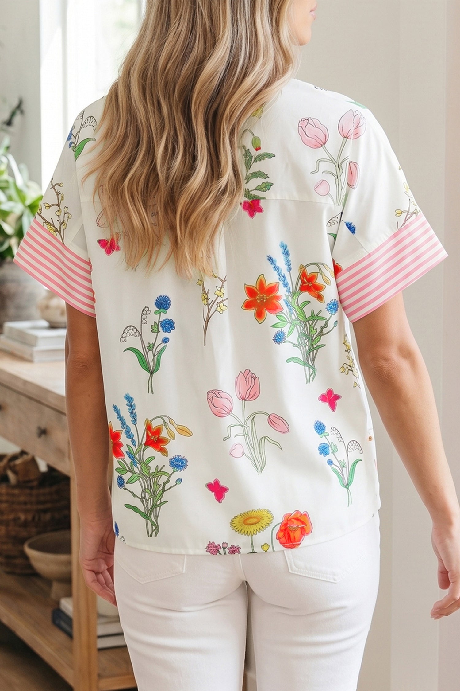 Floral Striped Patchwork Ruffled Collar Short Sleeve Shirt — women's everyday bottoms | J&H Apparel