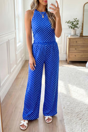 Blue Polka Dot Print Slim Tank Loose Pants 2pcs Outfit