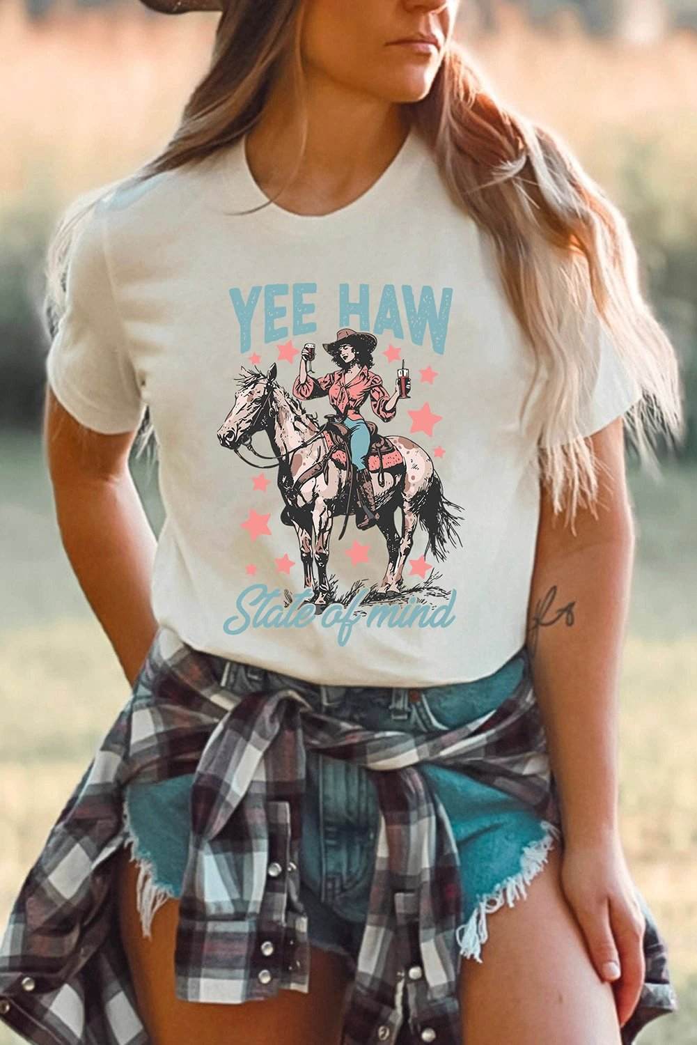 white yee haw state of mind cowgirl graphic western fashion tee for women casual everyday outfit