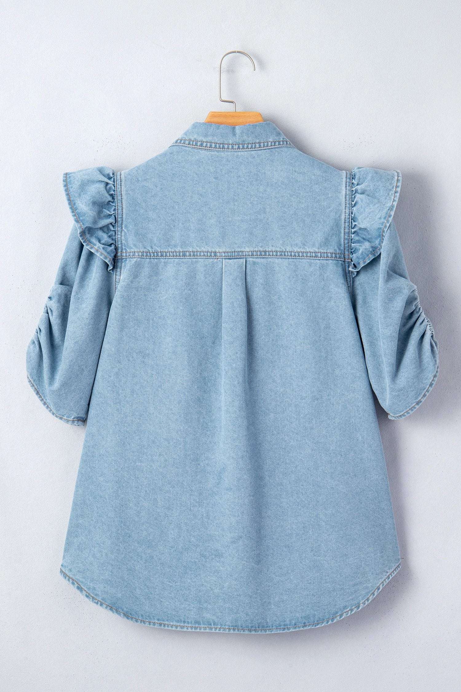 denim ruffle detail short puff sleeve button down flap pocket denim shirt for women casual everyday outfit