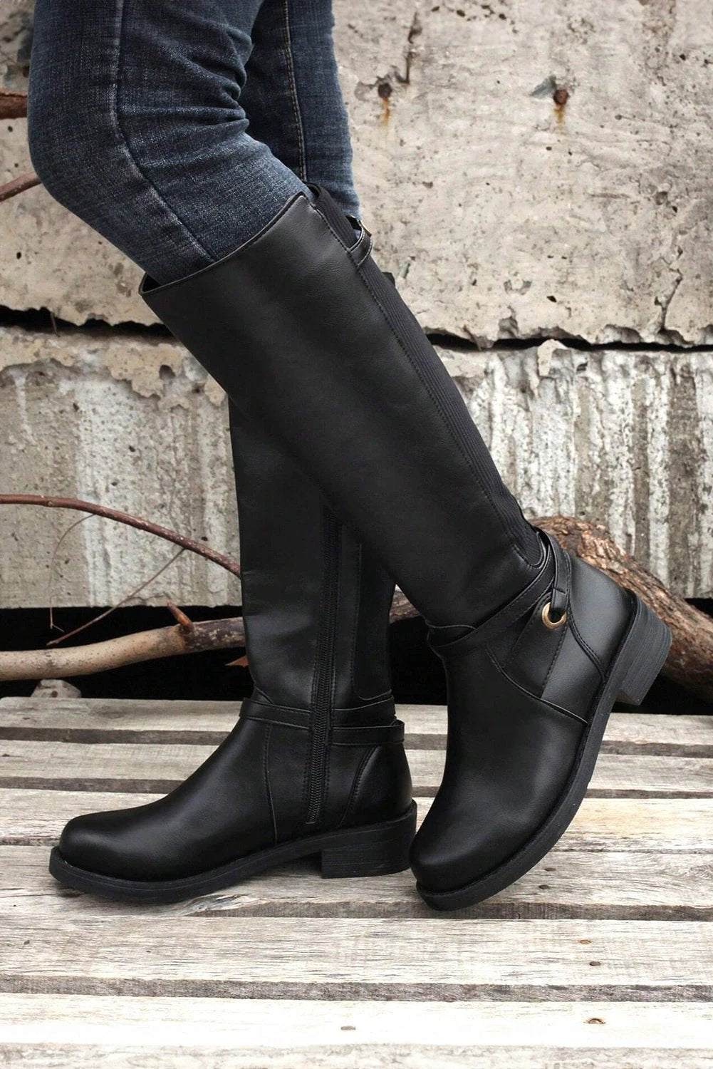 Side zip knee high boots with chunky low heel in sleek PU leather, showcasing Main Character Energy style