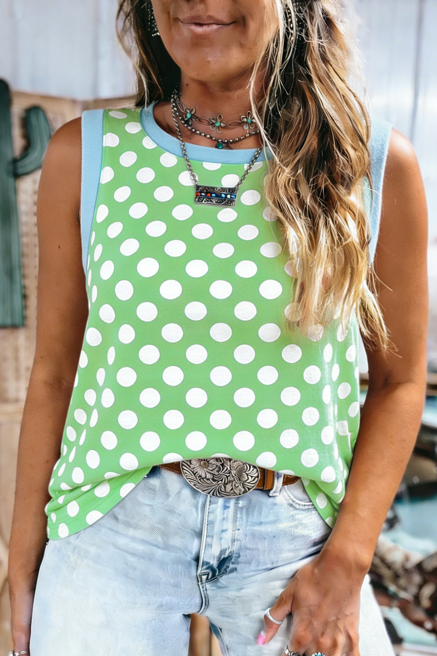 Polka Dot Contrast Trim Round Neck Loose Tank Top — women's everyday top | J&H Apparel