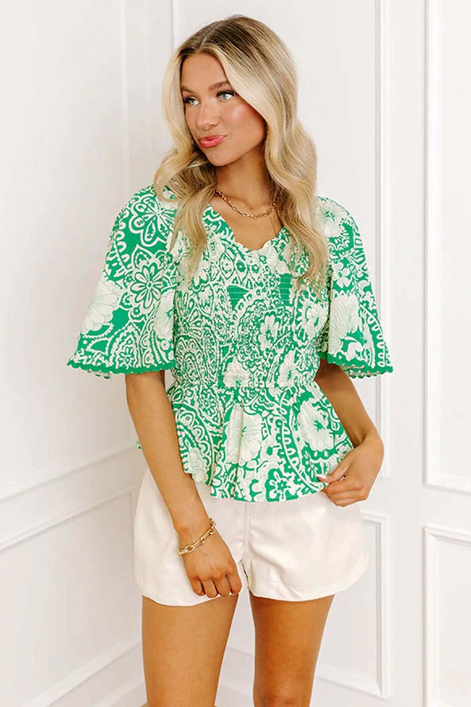 Dear-Lover Dropshipping Green Flirty Floral Smocked V Neck Blouse - Tops/Blouses & Shirts