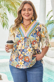 Plus size multicolour floral V-neck blouse with half sleeves and relaxed fit