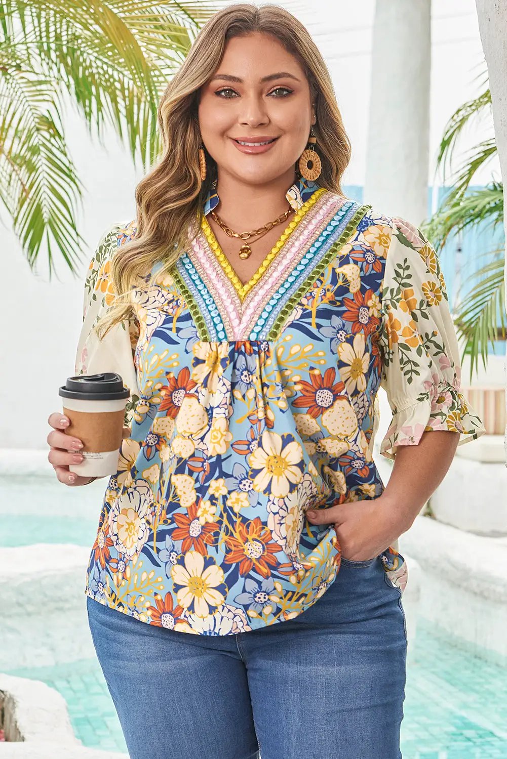 Plus size multicolour floral V-neck blouse with half sleeves and relaxed fit