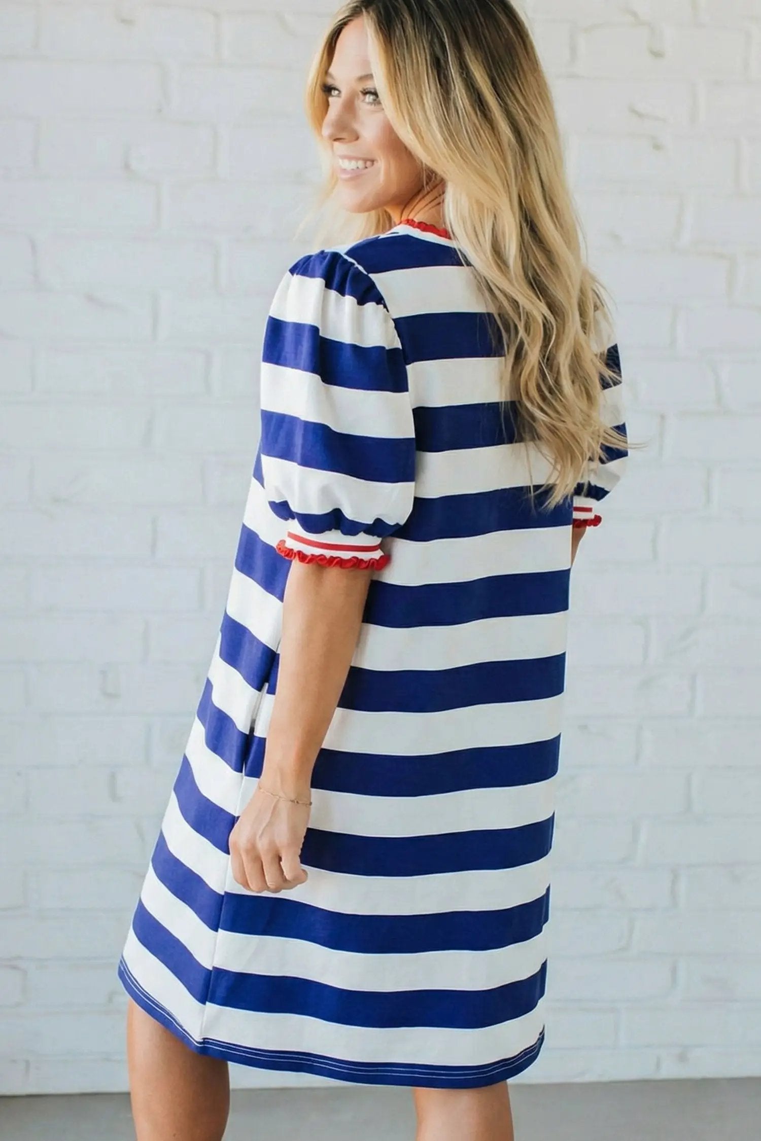 Dear-Lover Dropshipping Blue Stripe Contrast Trim Round Neck Short Puff Sleeve Shift Mini Dress - Dresses/Mini Dresses