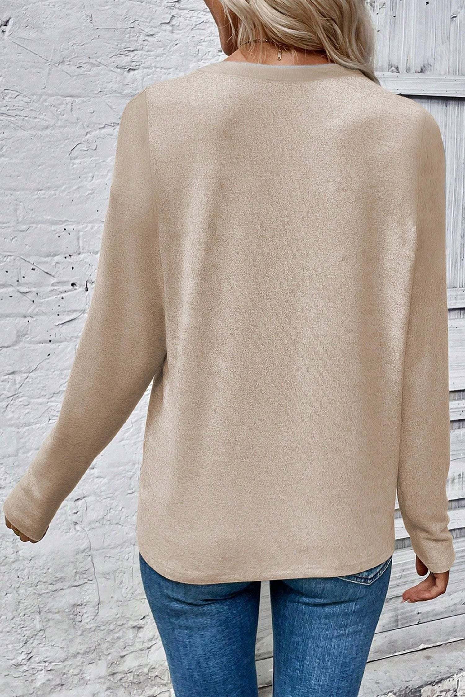 beige leopard print detail round neck long sleeve top for women casual everyday outfit