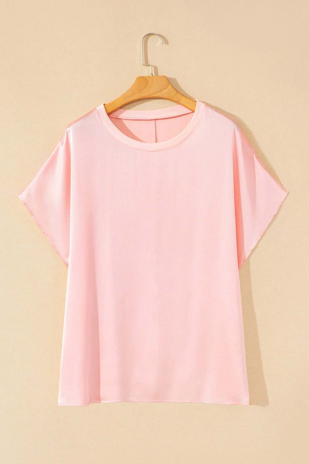 Plus size Effortless Shine metallic gloss satin top with batwing sleeves and relaxed fit