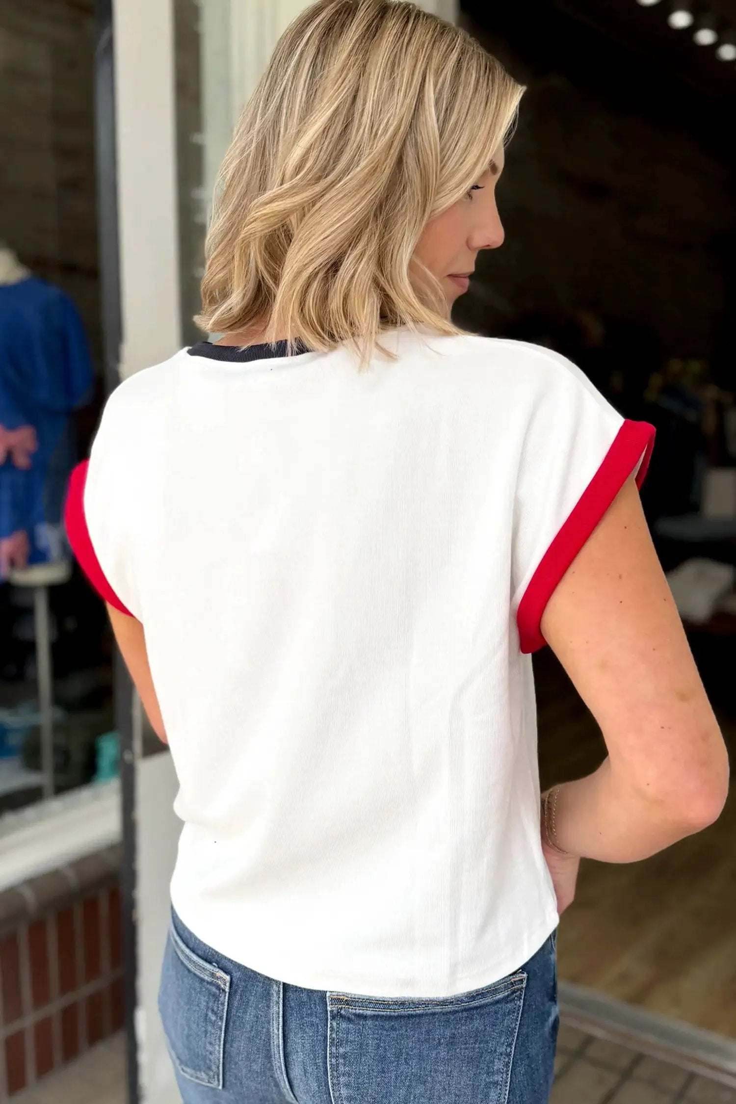 Star-Spangled Shine USA sequin color-block trim loose T-shirt with relaxed fit