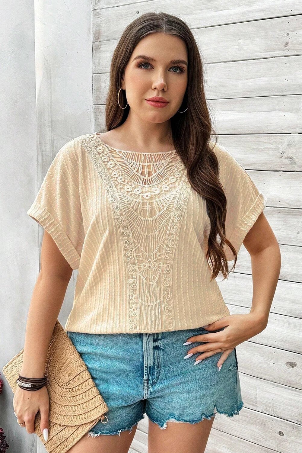 beige lace crochet patched cable textured cuffed short sleeve plus size top for women casual everyday outfit