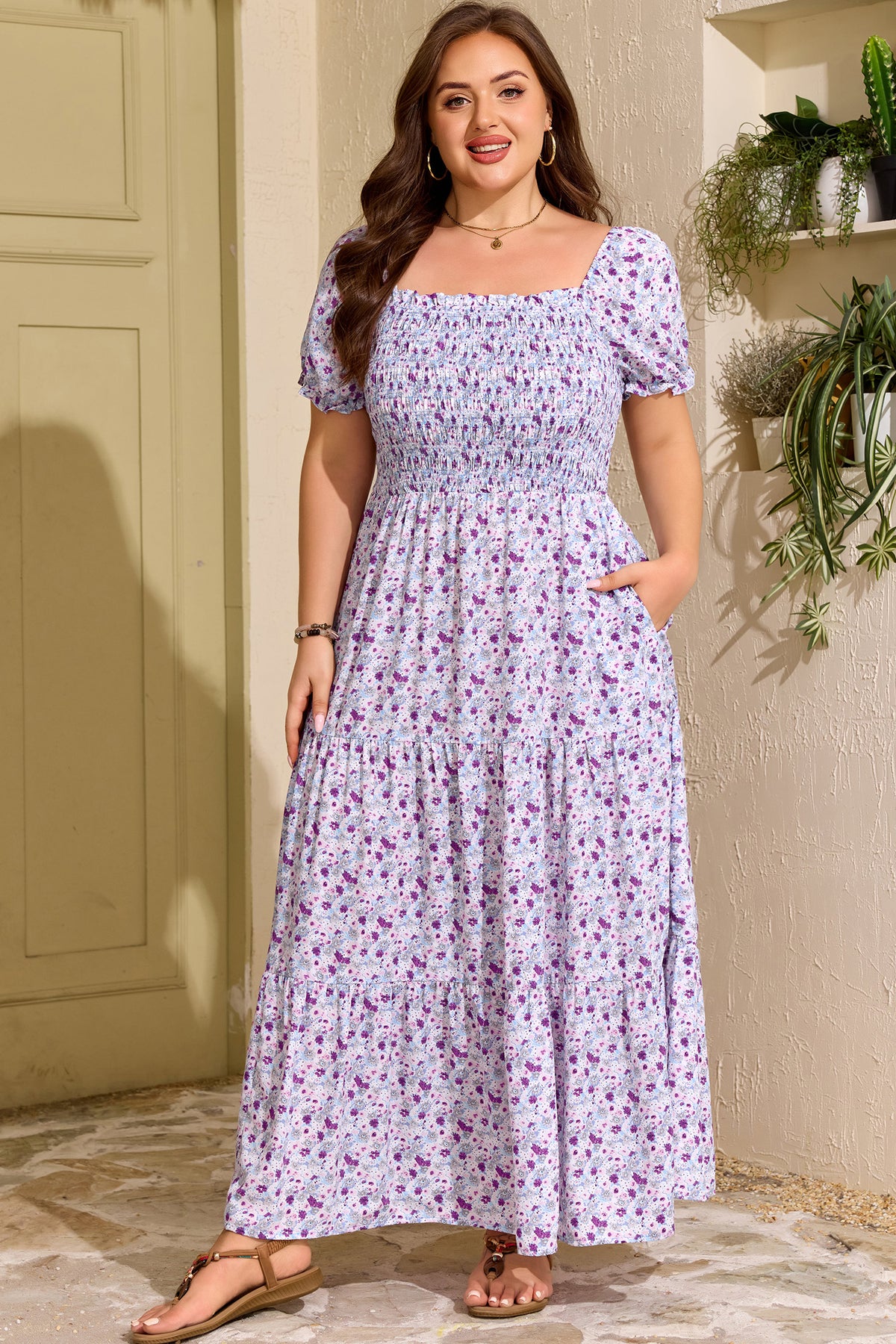Plus Size Floral Print Square Neck Smocked Maxi Dress