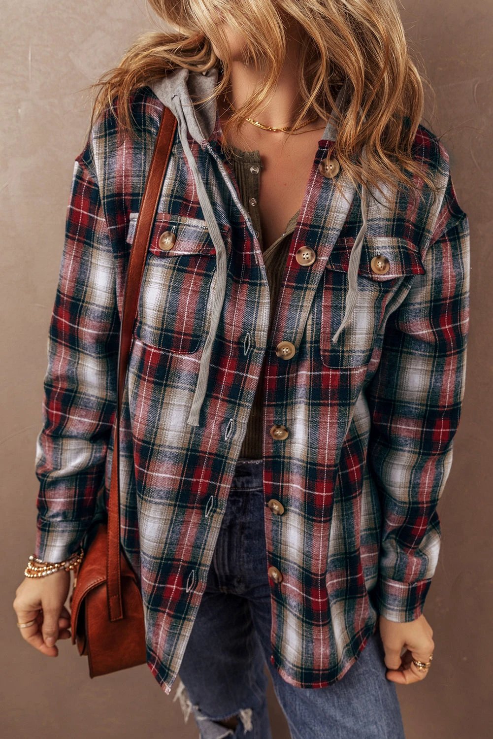 red plaid print chest pocket buttoned hooded shacket for women casual everyday outfit