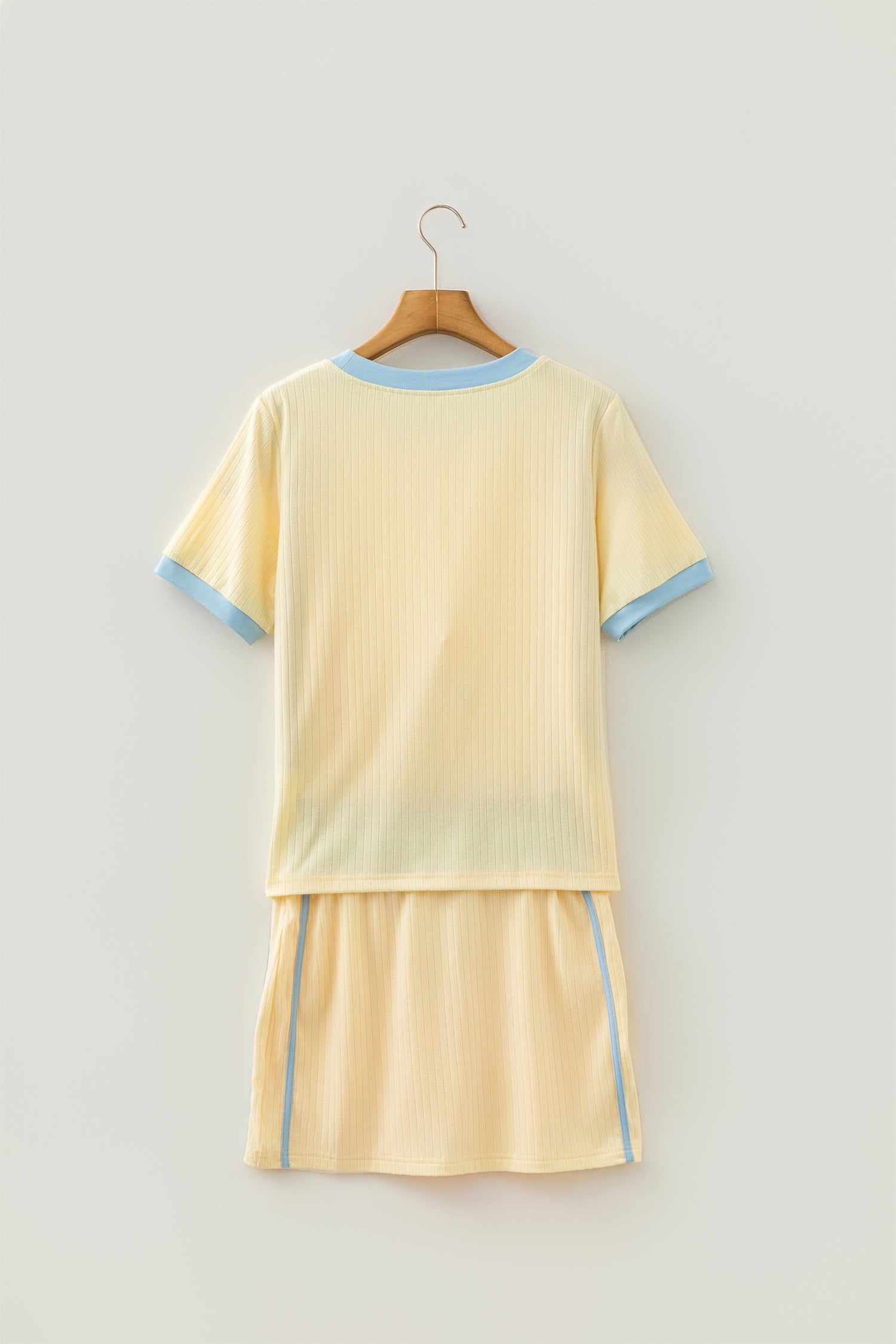 Yellow Ribbed Knit Color Block Trim Tee and Drawstring Skirt Set