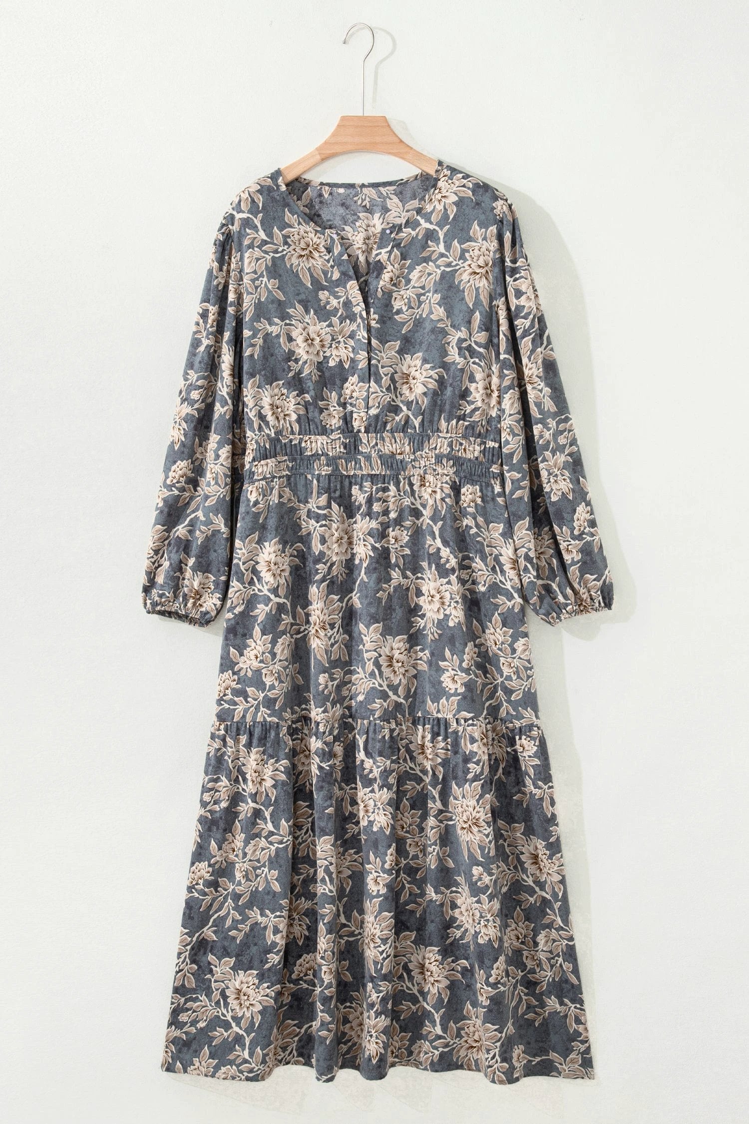 Dear-Lover Dropshipping Sky Blue Plus Size Floral Print Split Neck Shirred High Waist Long Sleeve Maxi Dress - Plus Size/Plus Size Dresses/Plus Size Maxi Dresses