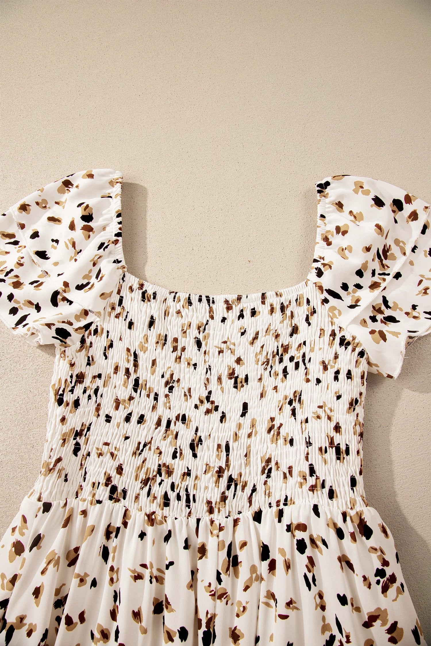 beige ditsy floral print smocked square neck ruffle short sleeve dress for women casual everyday outfit